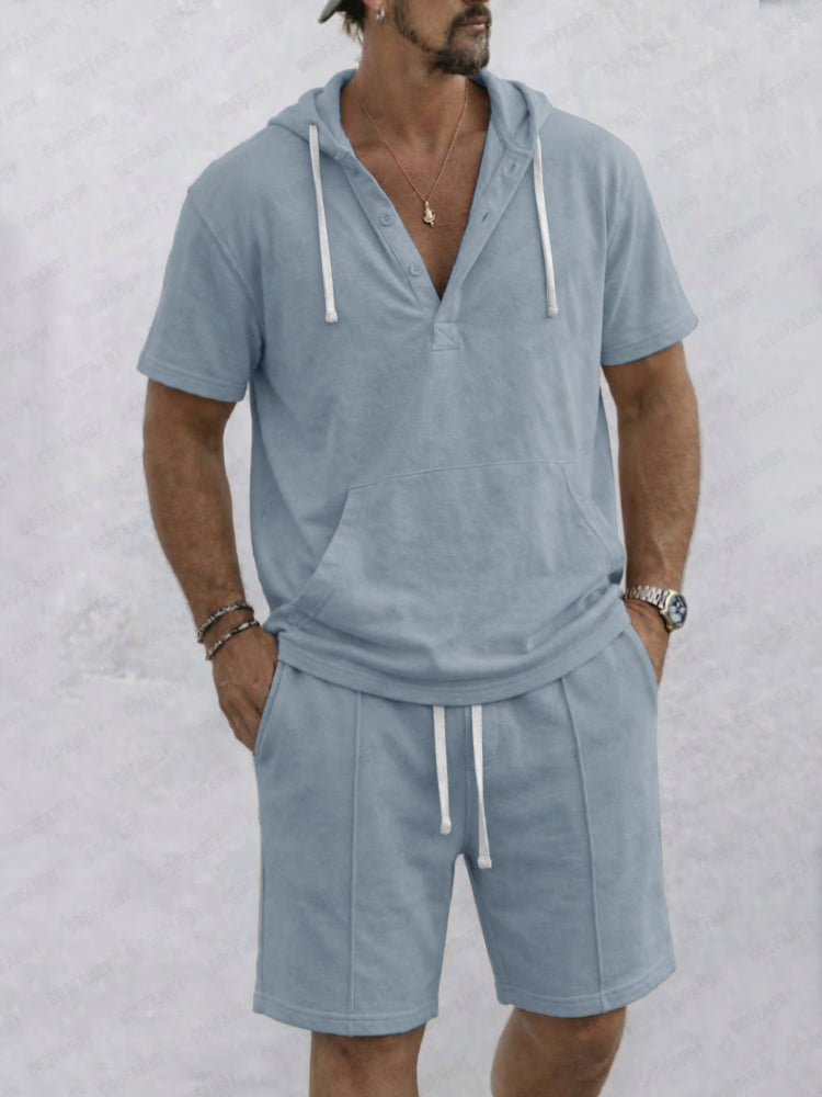 Comfy Daily Wear Relaxed Fit Hooded Shirt Shorts Set