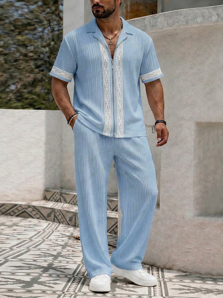 Resort Casual Lace Patchwork Shirt Pants Set