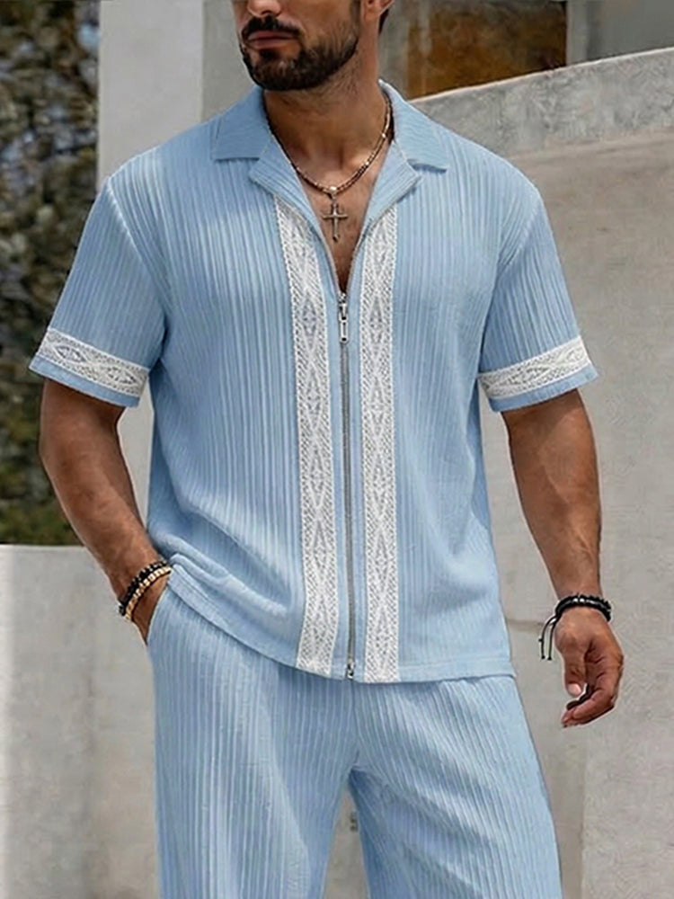 Resort Casual Lace Patchwork Shirt Pants Set