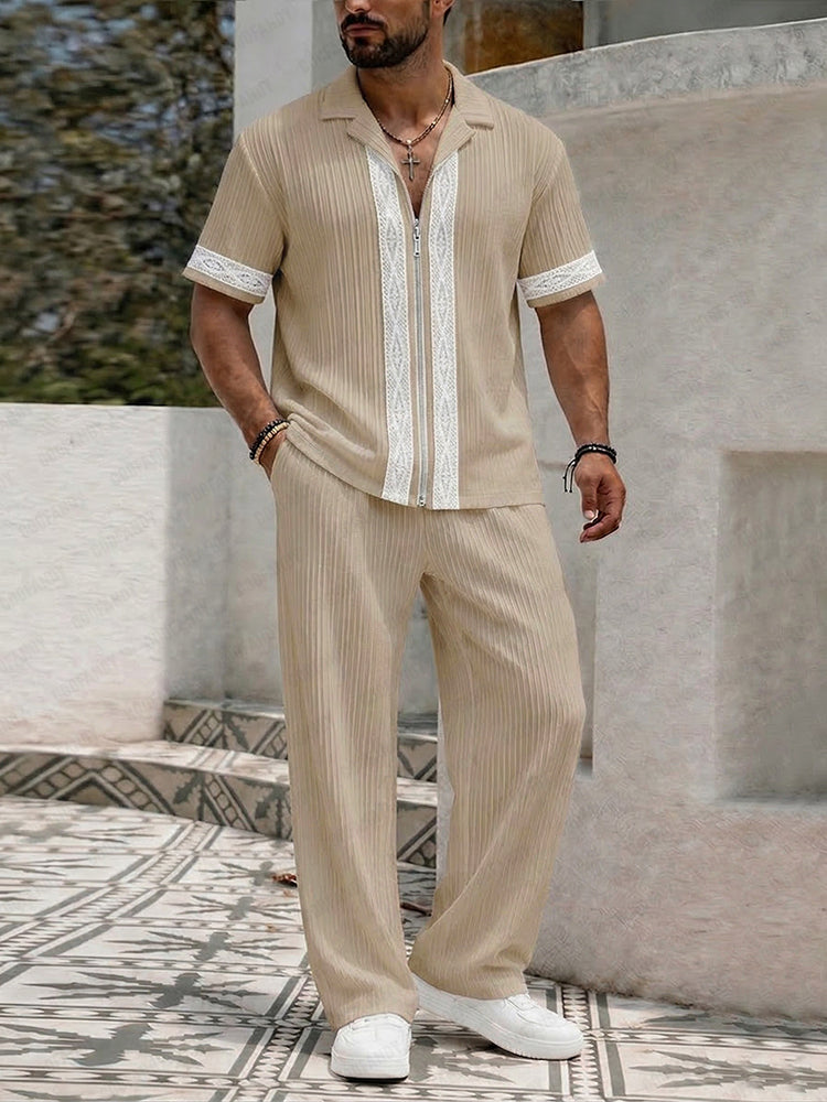 Resort Casual Lace Patchwork Shirt Pants Set